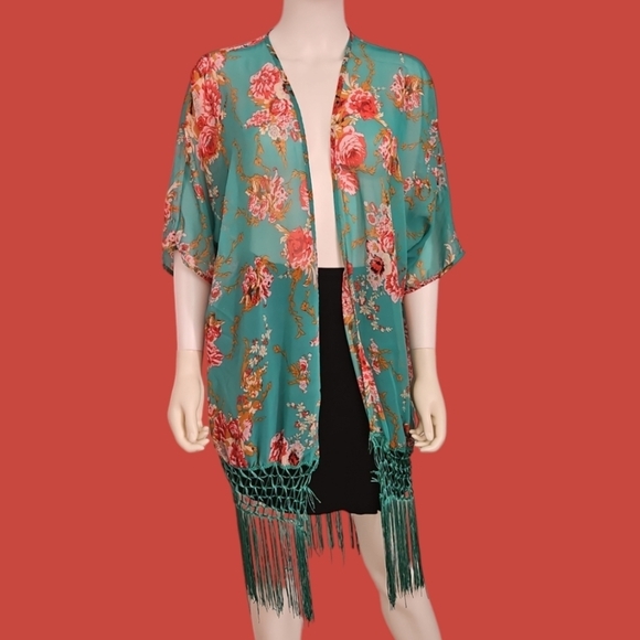 3/$30 Floral Rose Flapper Fringe Chiffon Kimono Swim Cover-up - Picture 1 of 7